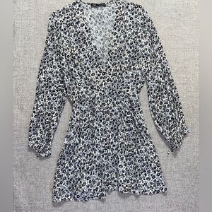 Zara Ditsy Floral Faux Wrap Dress Long Poet Sleeve V-neck Short Sz Small Flowy